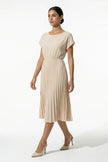 FJØRNA women's apricot pleated midi dress with A-line silhouette, round neck, casual style, perfect for everyday wear.