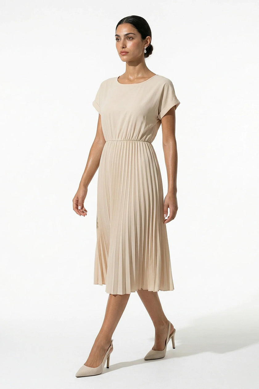 FJØRNA women's apricot pleated midi dress with A-line silhouette, round neck, casual style, perfect for everyday wear.