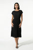 Black FJØRNA women's pleated midi dress with A-line silhouette and round neck, casual style perfect for everyday wear.