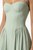 Sage green FJØRNA sleeveless pleated backless midi dress with halter neckline, perfect for special occasions.