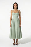 Sage green FJØRNA sleeveless pleated backless midi dress with halter neckline, perfect for special occasions.