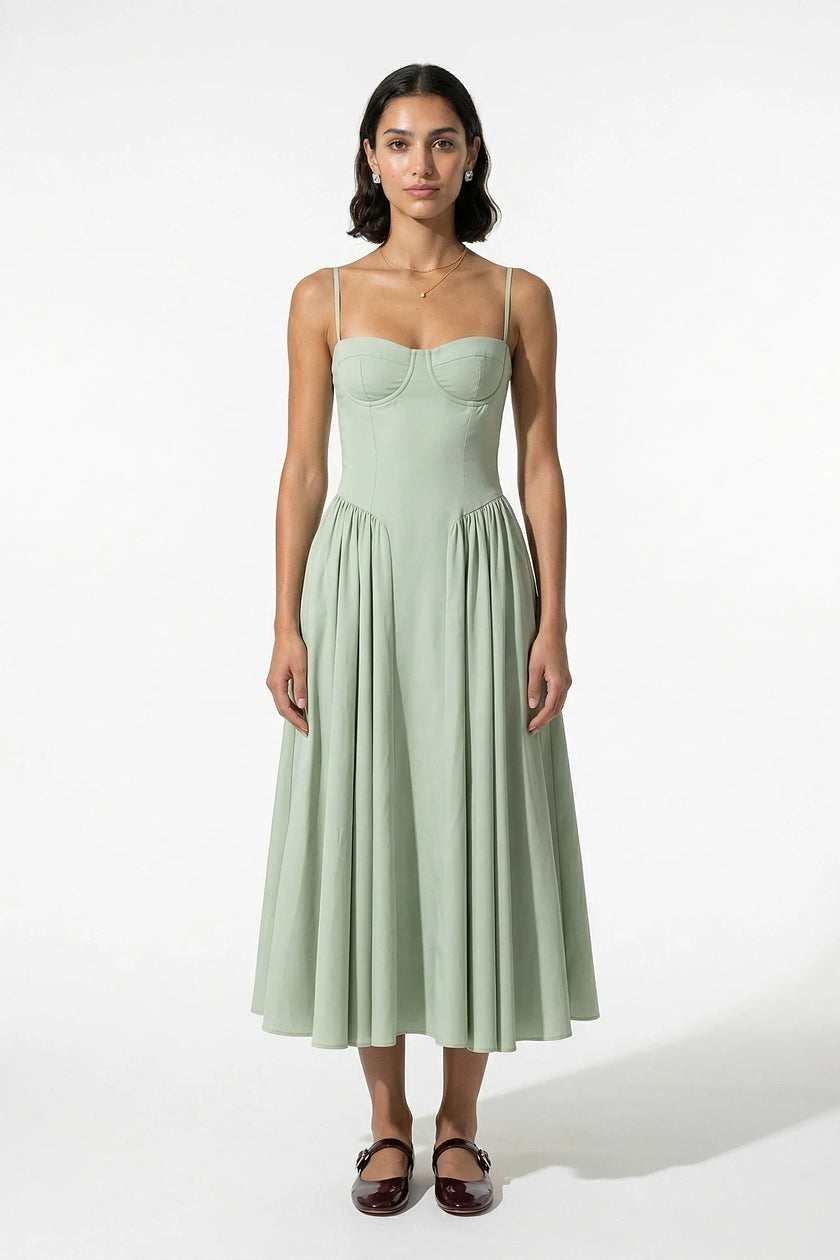 Sage green FJØRNA sleeveless pleated backless midi dress with halter neckline, perfect for special occasions.