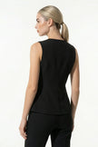 Black women's sleeveless waistcoat with metal buttons, FJØRNA tailored layering piece, close-up detail shot.