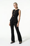 Black women's sleeveless waistcoat by FJØRNA with metal buttons, full-body view, perfect for layering and stylish outfits.