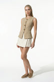 FJØRNA women's khaki sleeveless waistcoat with metal buttons, tailored fit, perfect for layering and casual or smart outfits.