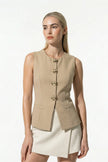 Women's sleeveless khaki waistcoat by FJØRNA with metal buttons, perfect for layering and adding a stylish touch to outfits.