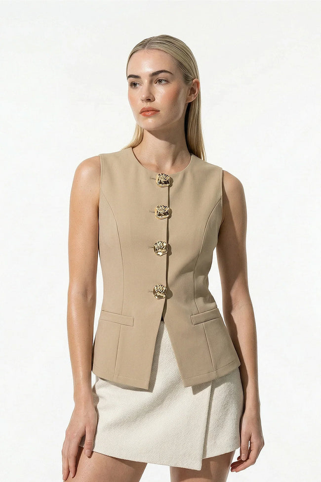 Women's sleeveless khaki waistcoat by FJØRNA with metal buttons, perfect for layering and adding a stylish touch to outfits.