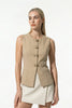 Women's sleeveless khaki waistcoat by FJØRNA with metal buttons, perfect for layering and adding a stylish touch to outfits.