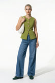 Olive green women's sleeveless waistcoat with metal buttons, tailored fit, ideal for layering, by FJØRNA.