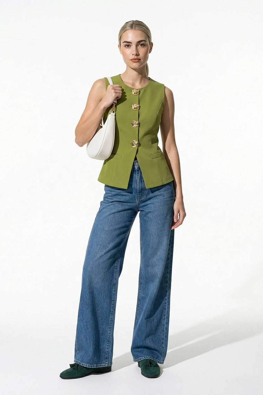 Olive green women's sleeveless waistcoat with metal buttons, tailored fit, ideal for layering, by FJØRNA.