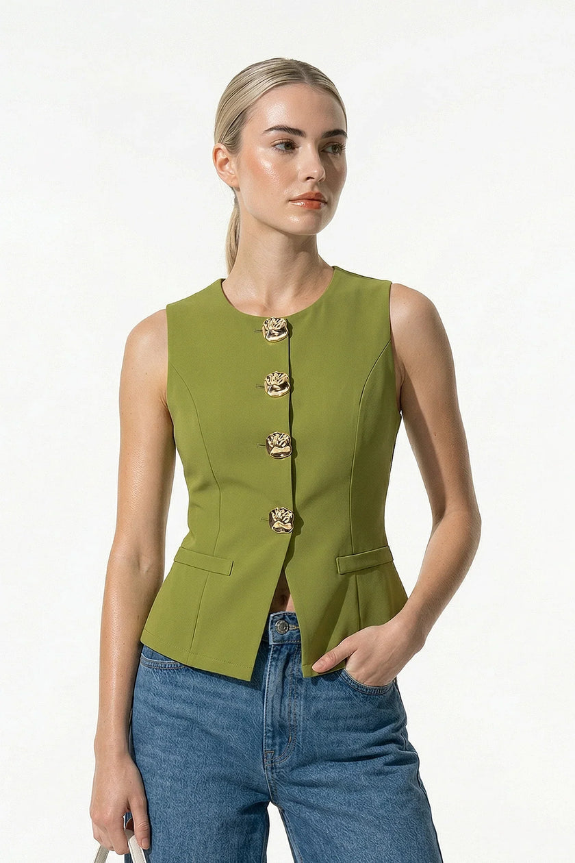 Olive green women's tailored sleeveless waistcoat with metal buttons, stylish layering piece by FJØRNA.