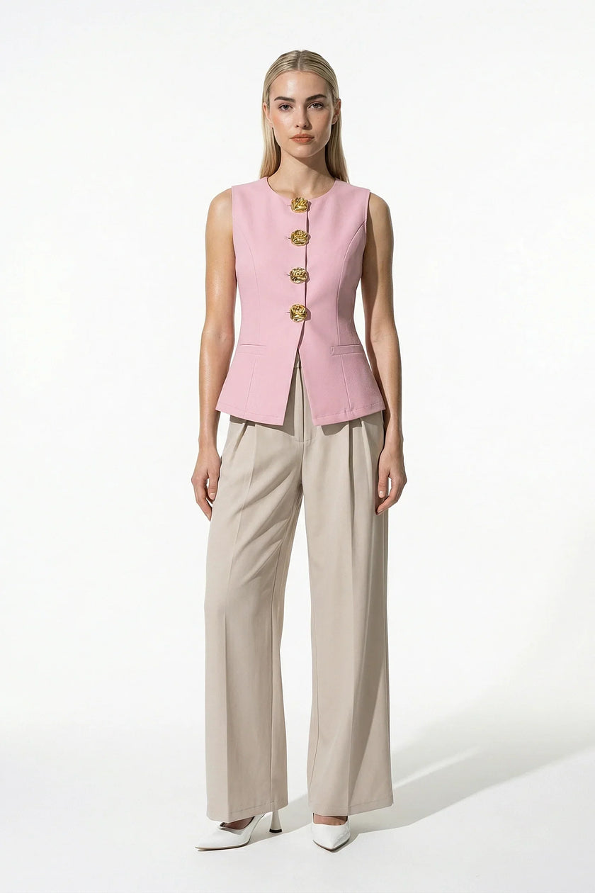 Pink women's sleeveless waistcoat with metal buttons, tailored fit, perfect for layering, by FJØRNA.
