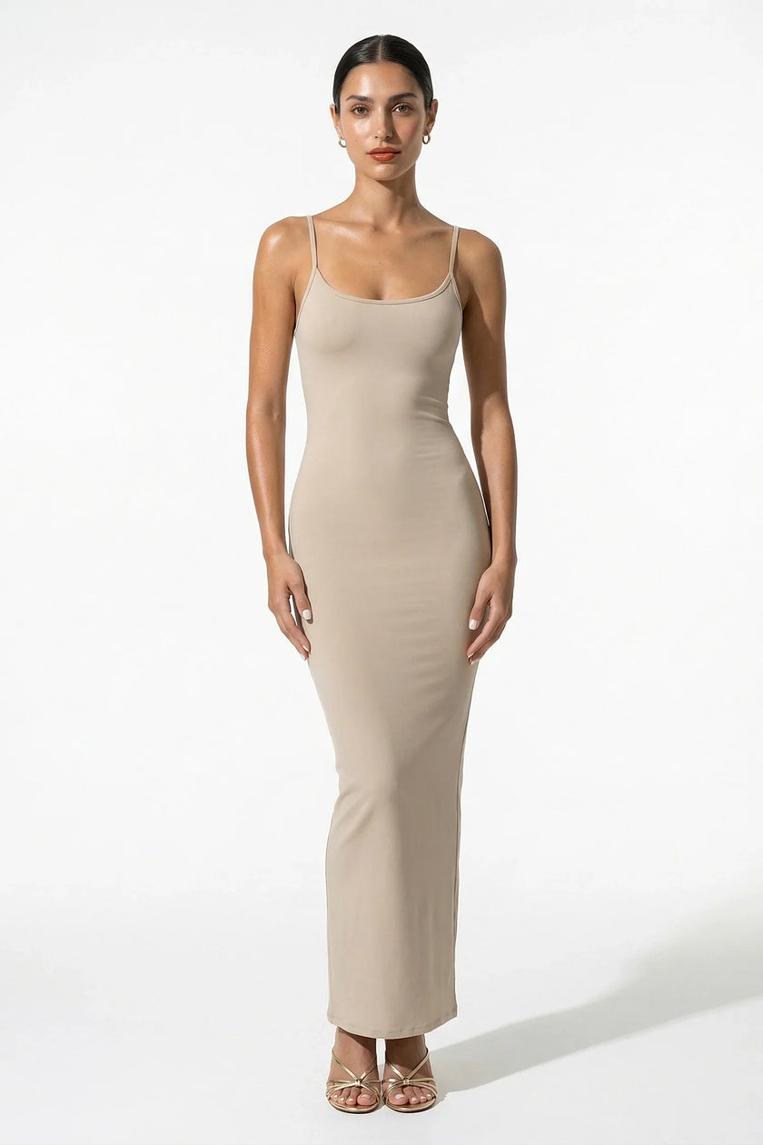 FJØRNA beige sleeveless bodycon maxi dress for women, perfect for summer business or casual occasions, full-length view.
