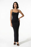 Black sleeveless FJØRNA women's bodycon maxi dress, full-body shot, perfect for summer business or casual occasions.