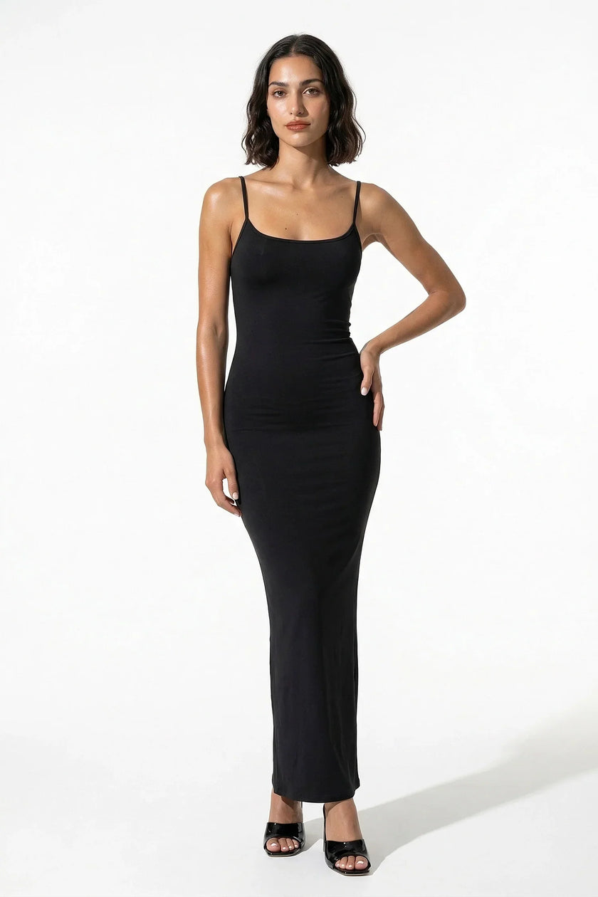 Black sleeveless FJØRNA women's bodycon maxi dress, full-body shot, perfect for summer business or casual occasions.