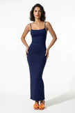 Navy blue FJØRNA sleeveless bodycon maxi dress for women, full-length summer business dress, fitted style with sleek design.