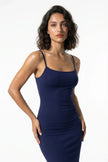 Navy blue FJØRNA sleeveless women’s maxi dress, bodycon fit, perfect for summer business occasions, medium shot.