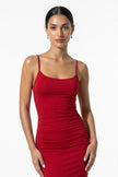 FJØRNA women's sleeveless red bodycon maxi dress for summer, featuring a fitted design and stylish business-appropriate look.