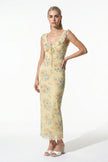 Yellow sleeveless maxi dress for women by FJØRNA, flowing summer casual dress shown in full body view.
