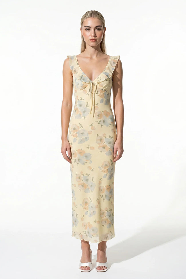 Yellow FJØRNA sleeveless maxi dress for women, flowing summer casual dress with a relaxed fit and elegant design.