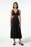 Black FJØRNA pleated V-neck maxi dress with cut-out waist and suspender details, perfect for special occasions.