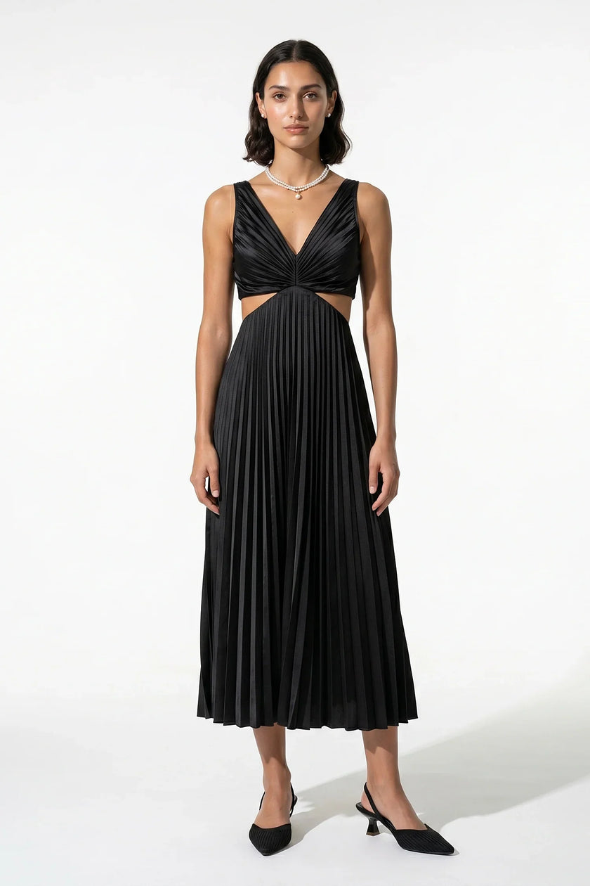 Black FJØRNA pleated V-neck maxi dress with cut-out waist and suspender details, perfect for special occasions.
