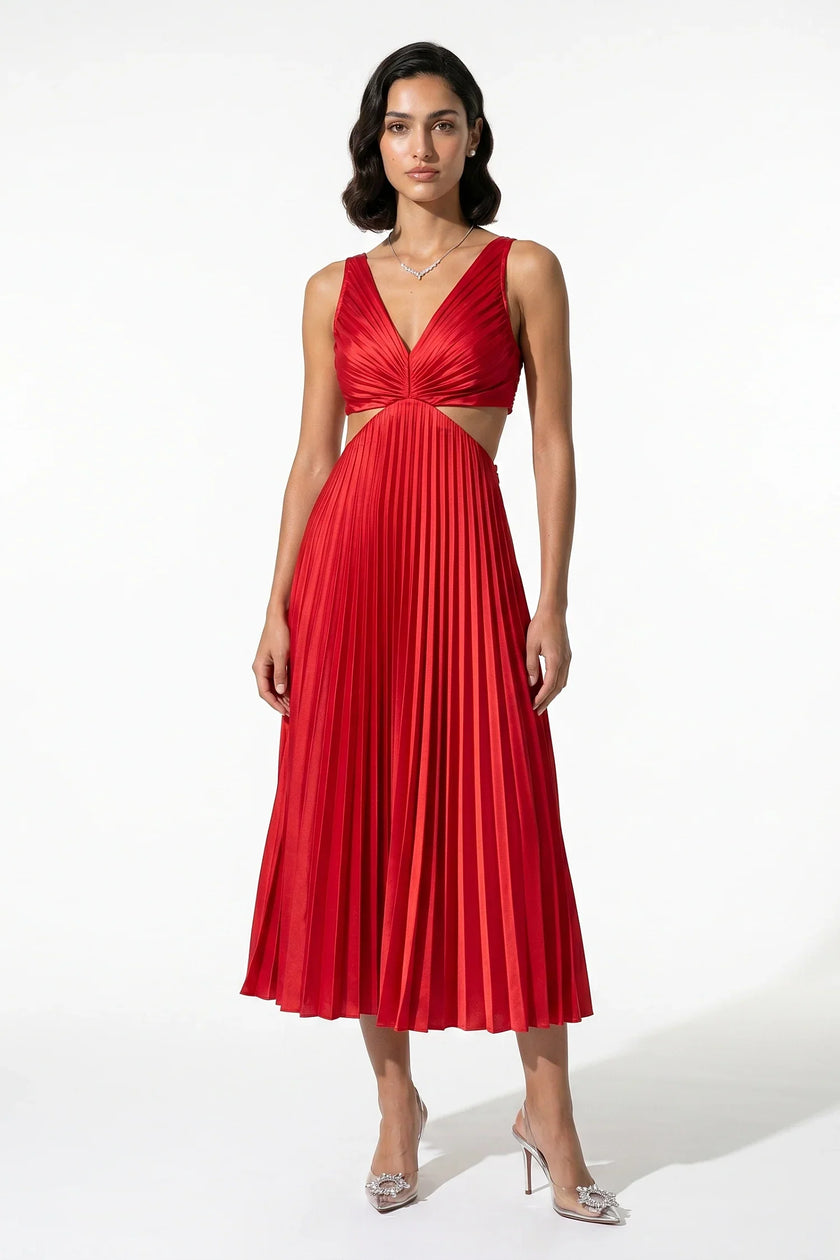 Red FJØRNA pleated V-neck maxi dress with cut-out waist, perfect for special occasions, shown with suspender detail.