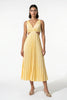 Yellow FJØRNA pleated maxi dress with v-neck and cut-out waist, stylish occasion dress for women.