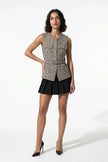 Women's khaki tailored belted waistcoat by FJØRNA featuring a slim-fit design and round-neck, full-body view.