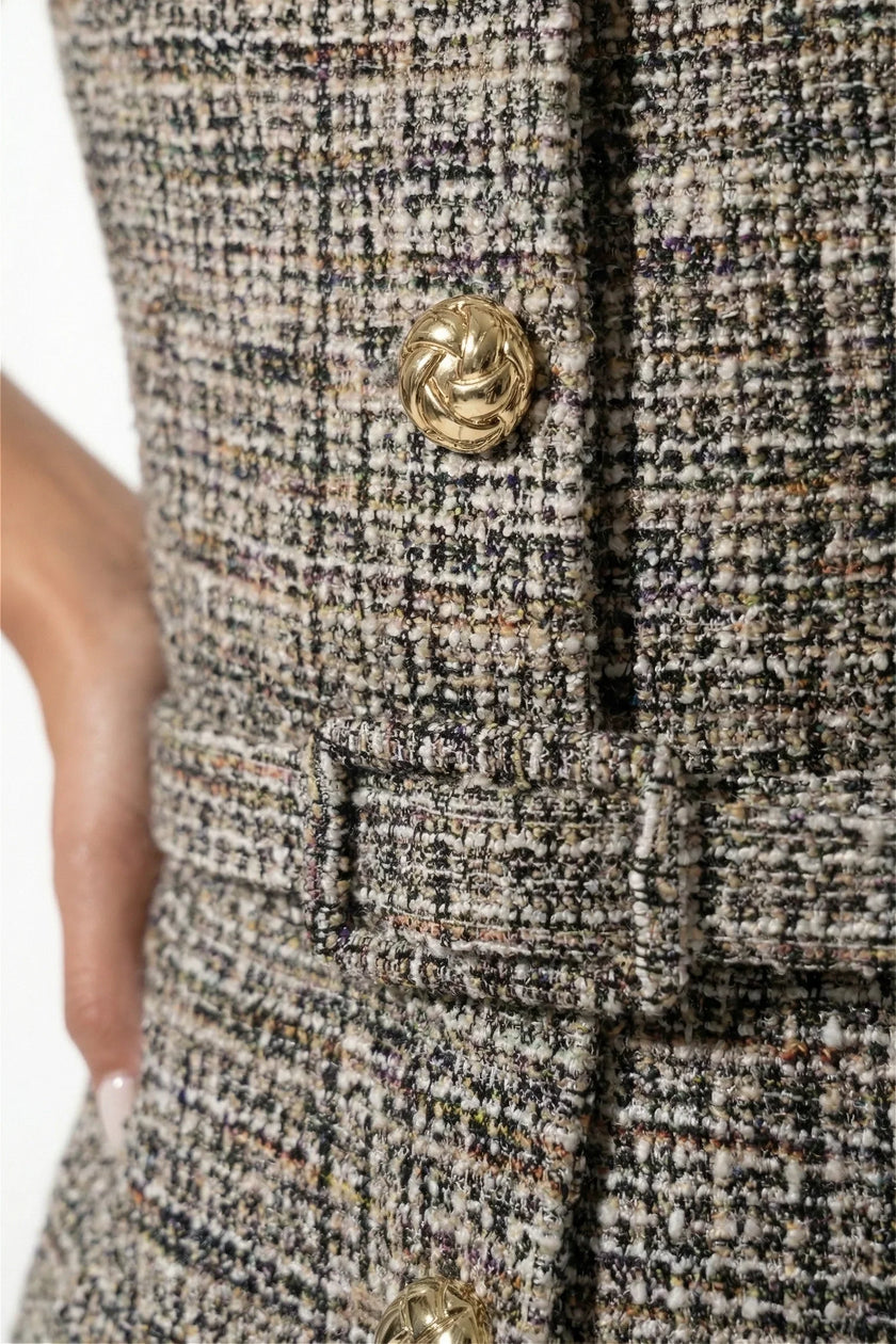 Women's khaki tailored belted waistcoat by FJØRNA featuring a slim-fit design and round-neck style.