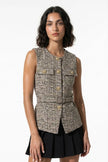 FJØRNA women's khaki tailored belted waistcoat with slim-fit design and round neck, stylish and versatile for modern outfits.