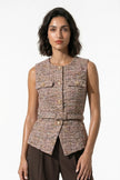 Orange women's tailored belted waistcoat with slim-fit design and round neck, stylish FJØRNA waistcoat for a polished look.