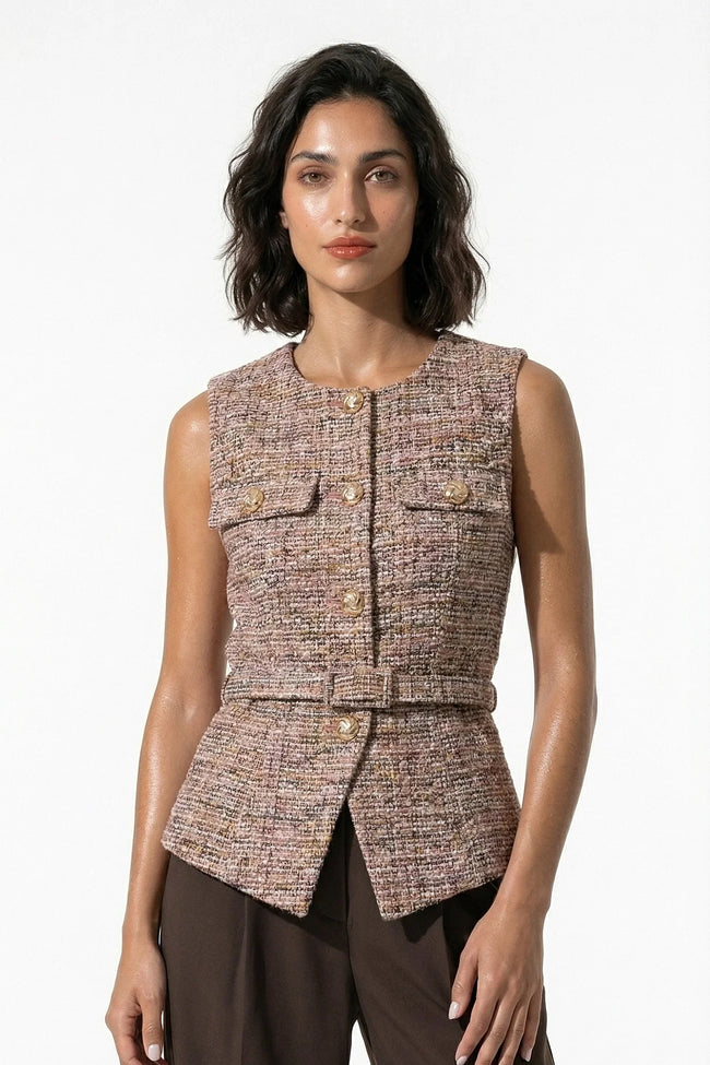 Orange women's tailored belted waistcoat with slim-fit design and round neck, stylish FJØRNA waistcoat for a polished look.
