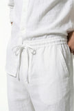 FJØRNA men's linen co-ord set with white shirt and trousers, perfect for summer casual wear.