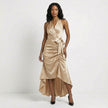 FJØRNA elegant champagne satin maxi dress for women with halter neckline and ruffle detail, perfect for formal occasions.