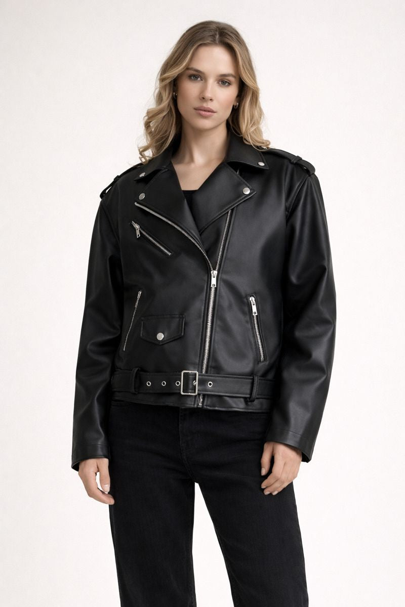 Faux Leather Biker Jacket Women Belted Straight Fit