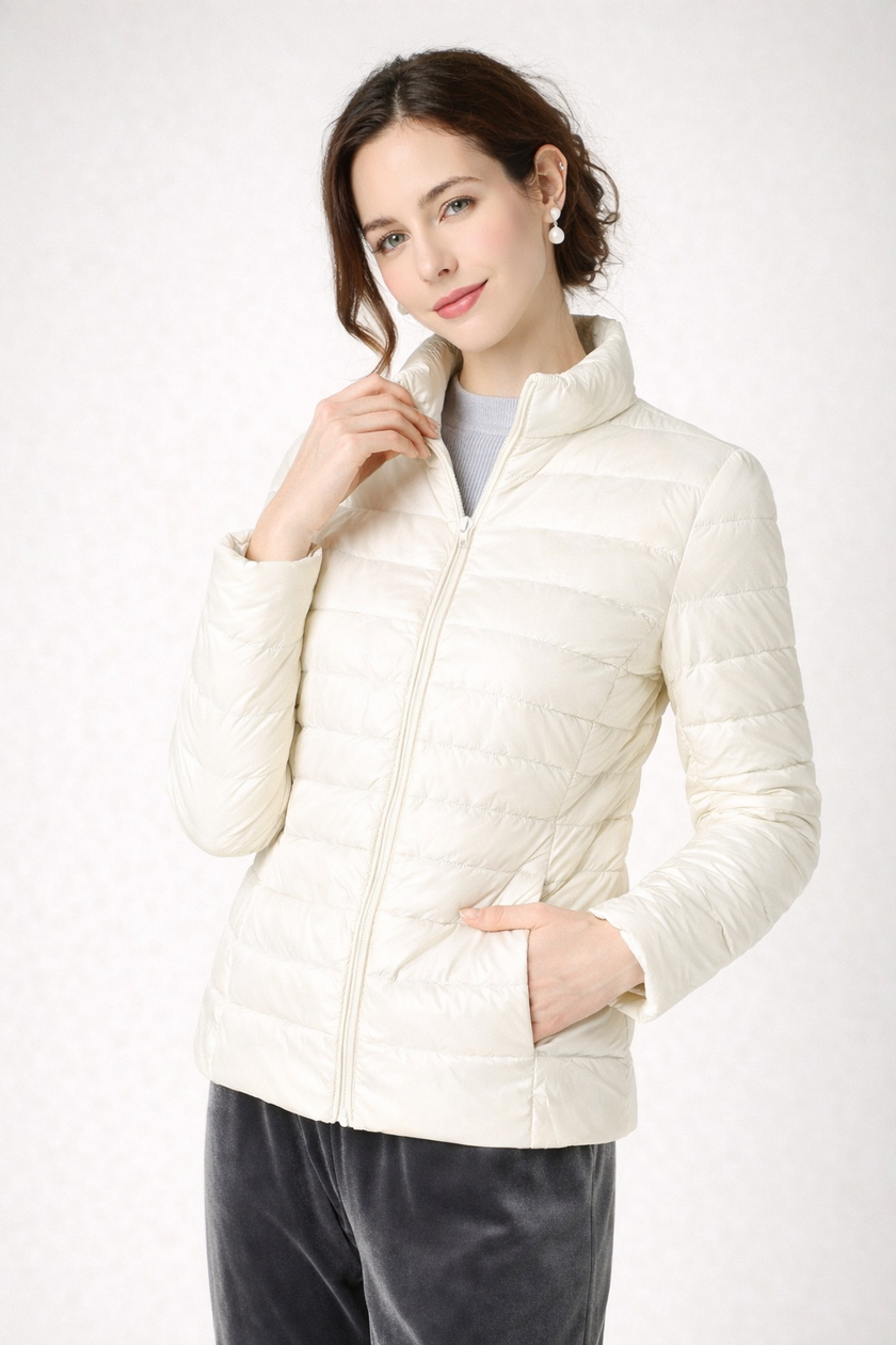 Quilted Jacket Women Slim Fit Zip Front Cropped Winter