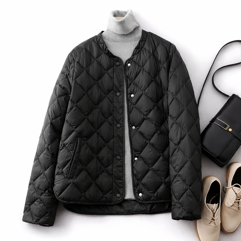 Quilted Jacket Women Snap Button Round Neck Lightweight
