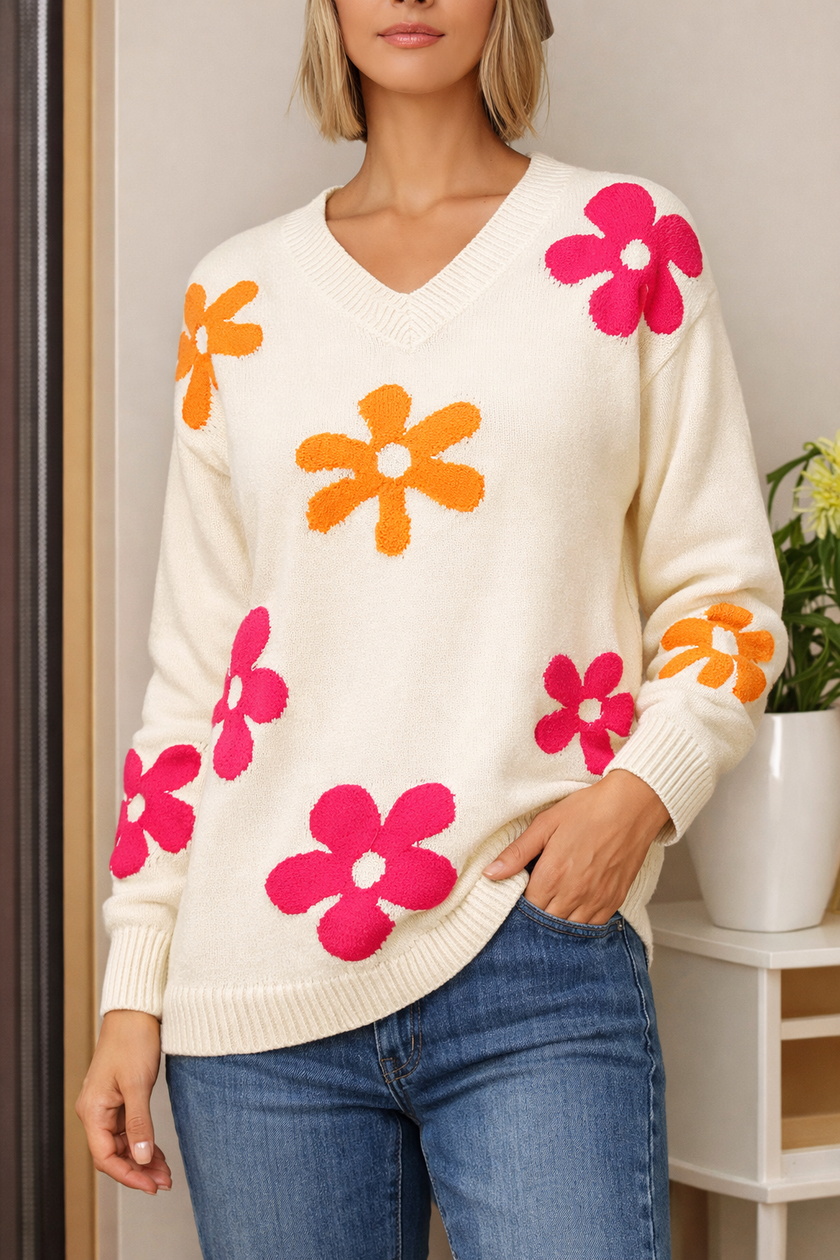 Floral V-Neck Knit Sweater Women Relaxed Fit