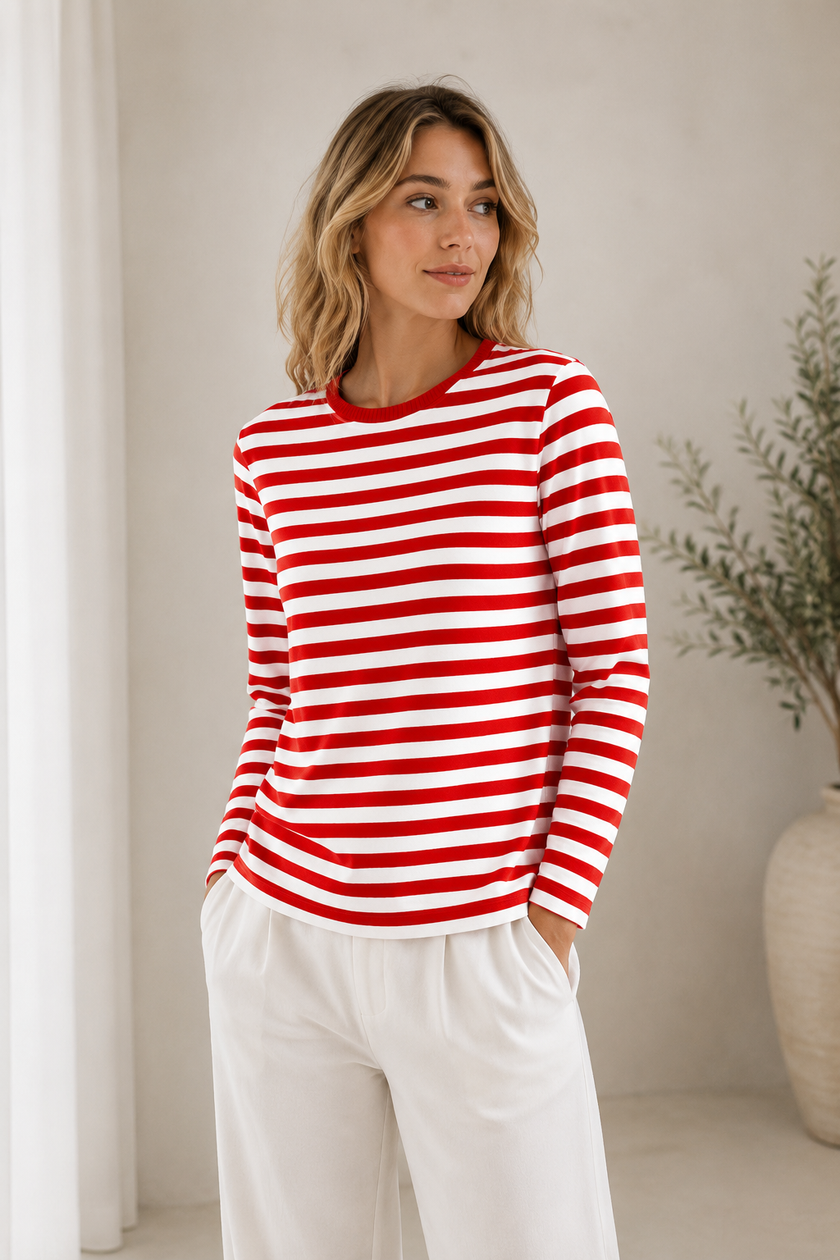 Striped Knit Top Women Long Sleeve Round Neck Relaxed Fit