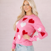 Heart Print Knit Sweater Women Crew Neck Long Sleeve