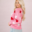 Heart Print Knit Sweater Women Crew Neck Long Sleeve