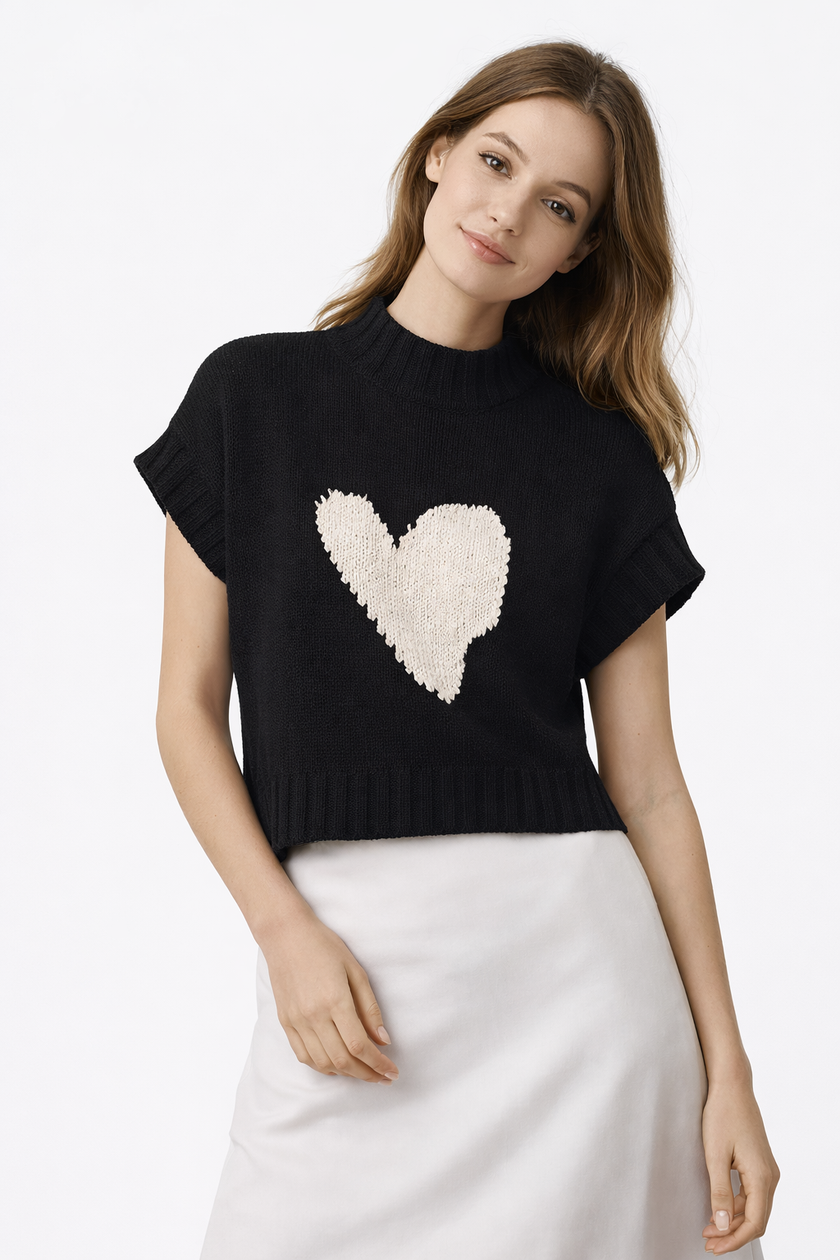 Sleeveless Heart Knit Sweater Women Relaxed Fit