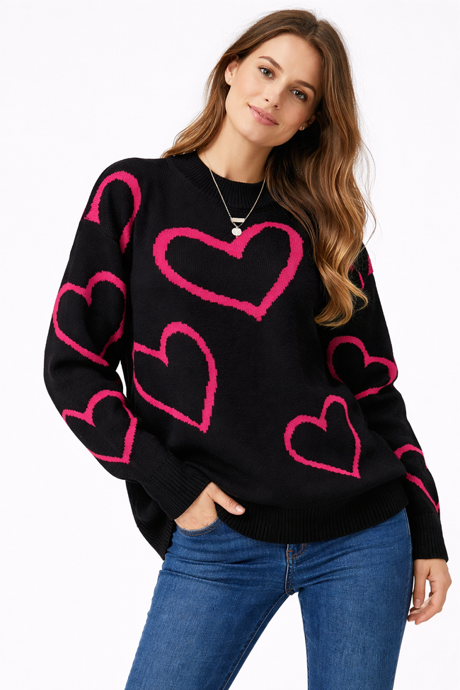 Melanie | Women's Oversized Crew Neck Sweater Pullover with Ribbed Knit Heart Print for Everyday