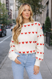 Heart Print Knit Sweater Women Crew Neck Long Sleeve