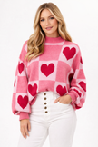 Heart Argyle Knit Sweater Women Crew Neck Relaxed Fit