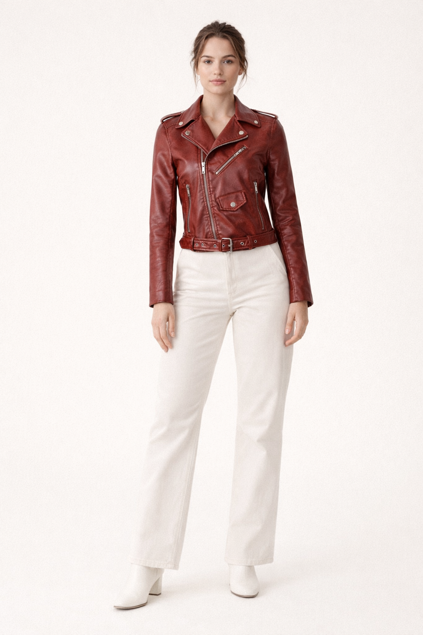 Faux Leather Biker Jacket Women Slim Fit Belted