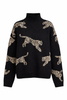 Graphic Knit Sweater Women Mock Neck Relaxed Fit