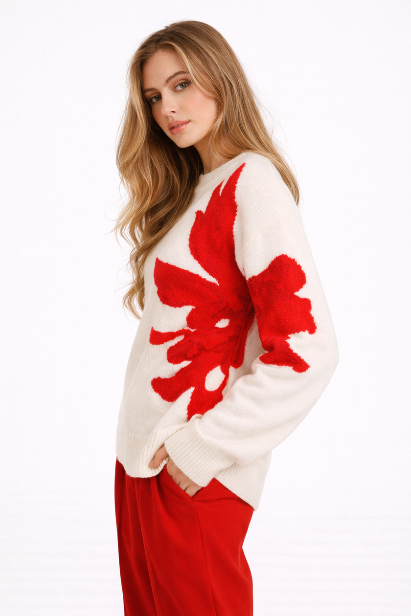 Knit Sweater Women Round Neck Relaxed Fit Floral