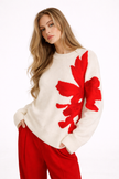 Knit Sweater Women Round Neck Relaxed Fit Floral